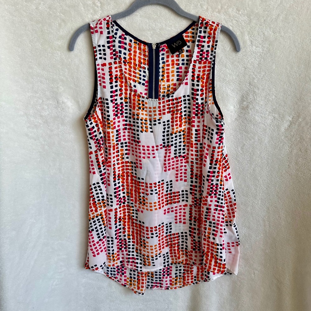 W5 Pink Orange Abstract Geometric Square Mosaic Back Zip Tank Blouse Medium